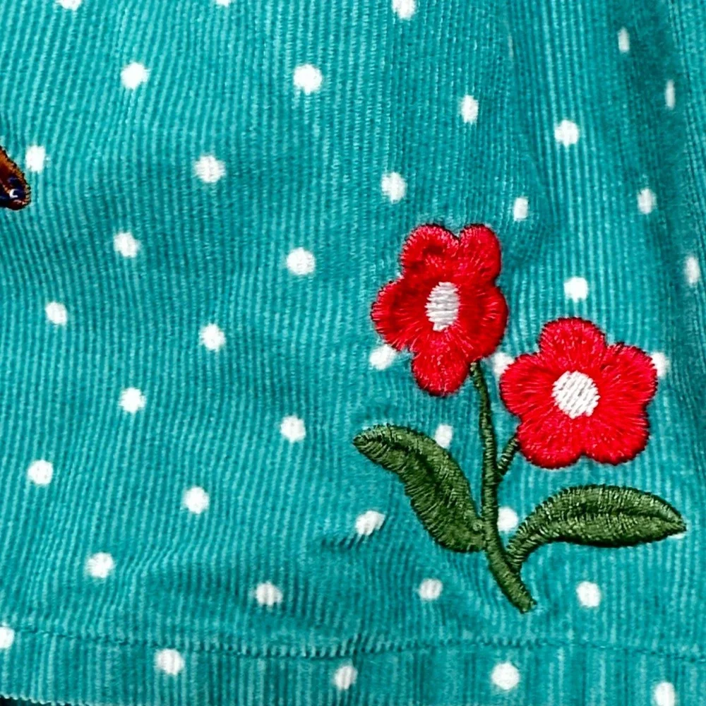 Mini Boden Girls Teal Corduroy Polka Dot Horse Bunny Embroidered Skirt 7-8Y